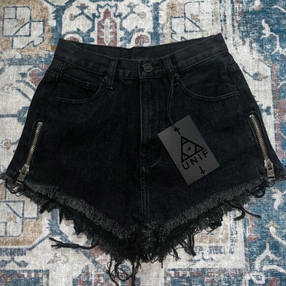 UNIf black denim high rise zip side cutoff shorts - Picture 2 of 4